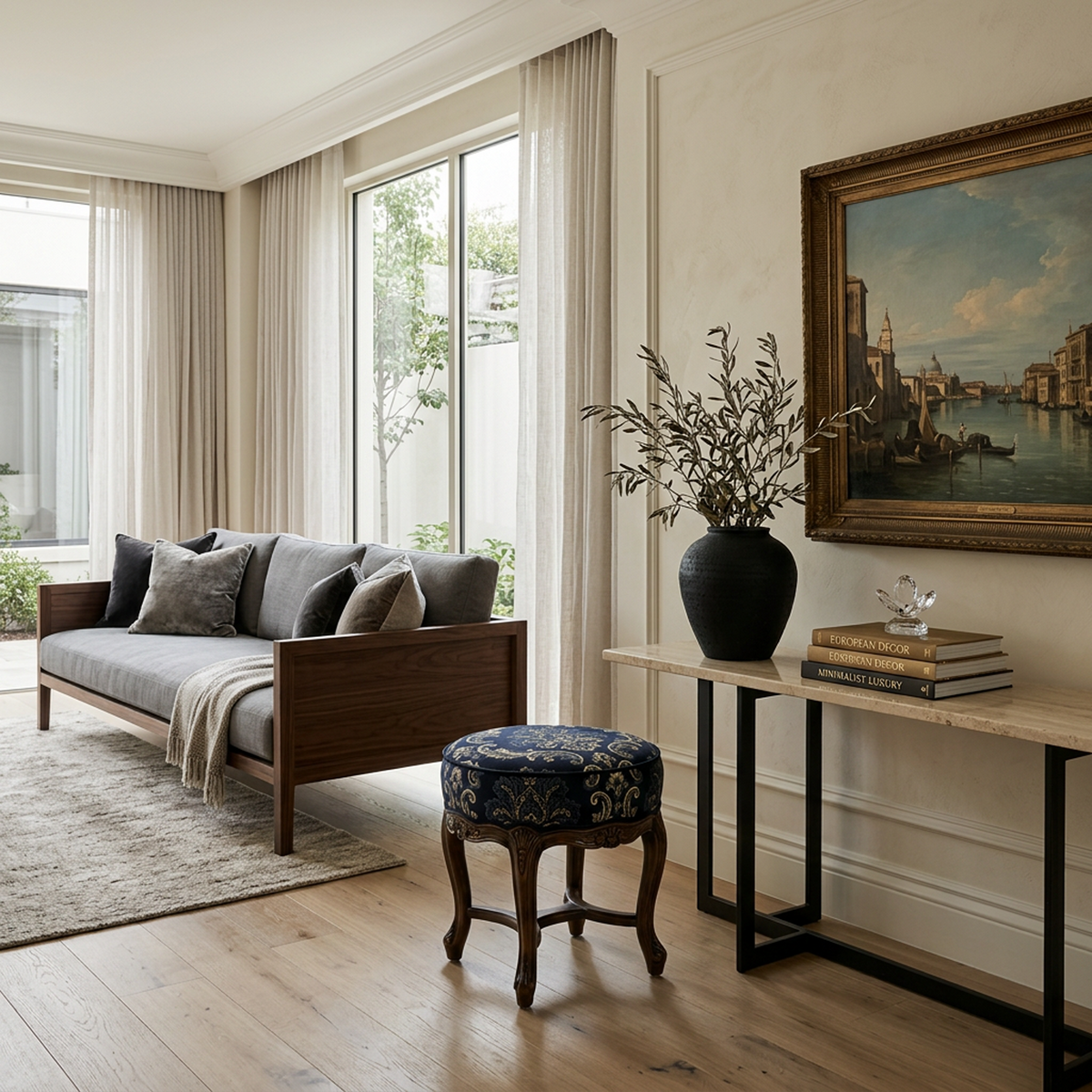 Aubusson Navy Carved Wood Vanity Stool